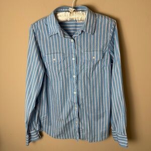 LL Bean Button Down Shirt Womens Medium Reg Blue Stripe Roll Tab Top Blouse